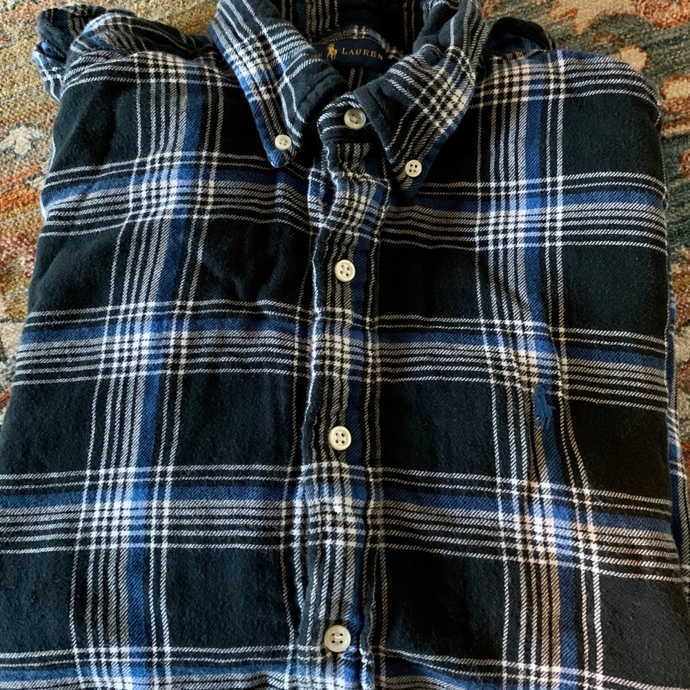 LS black/blue plaid flannel Ralph Lauren.